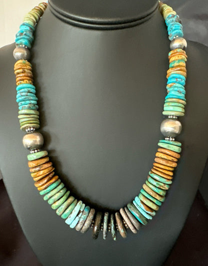 Blue Green Turquoise Navajo Sterling Silver Beads Necklace 20” 19176