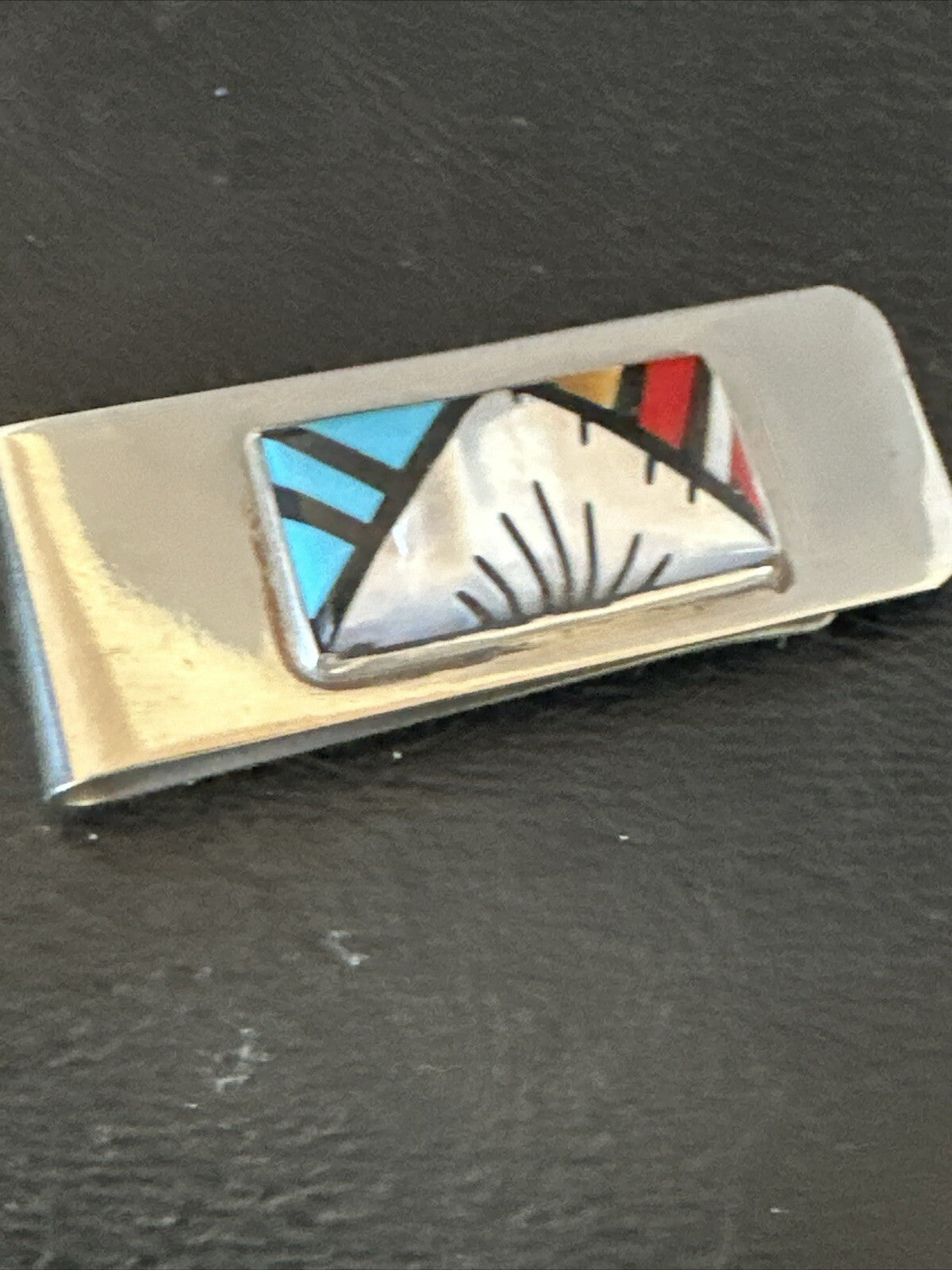 A Zuni Mens Turquoise Spiny Inlay Stainless Sterling Silver Money Clip 17836