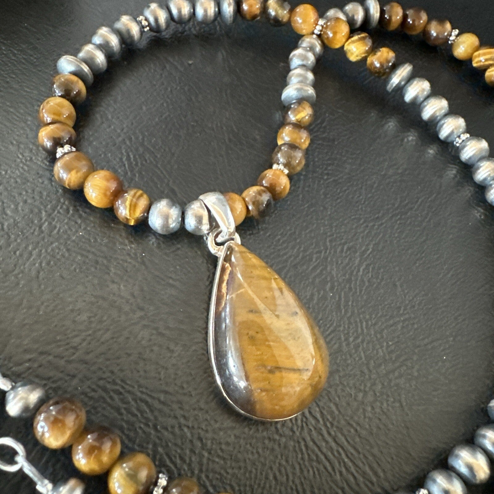 Coffee Brown Tigers Eye Sterling Silver Pendant Necklace Southwestern 18280