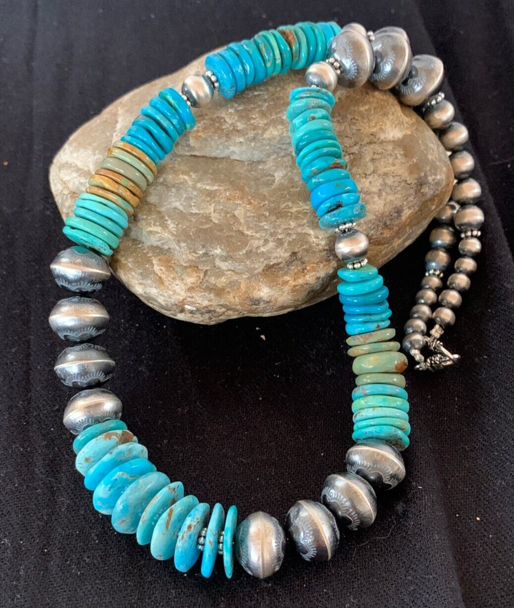 Blue Green Turquoise Beads Navajo Pearls Sterling Silver Necklace 4697