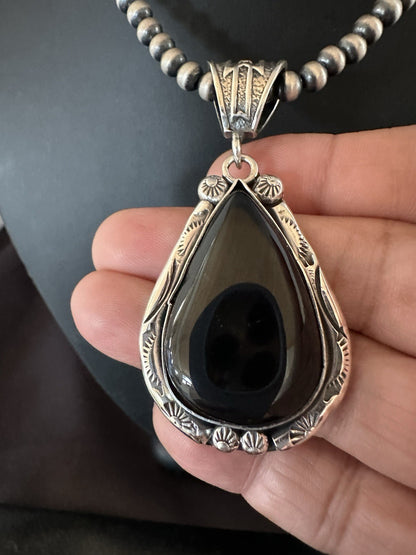 Black Onyx Pendant Navajo Pearls Sterling Silver Necklace 19386