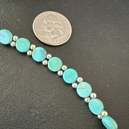 Womens Blue Turquoise Bead Southwestern Sterling Silver Link Bracelet 8" 17976