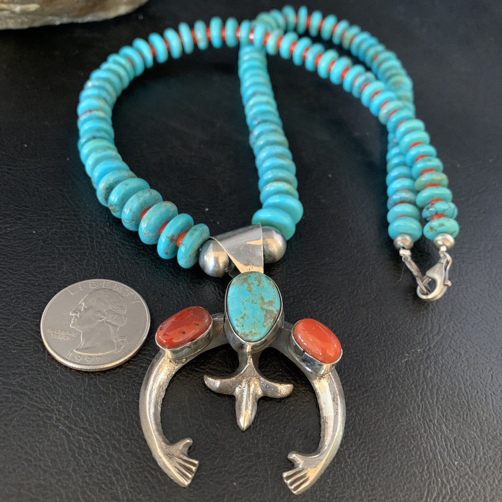 Royston Navajo Sterling Silver Blue Turquoise Coral Necklace Naja Pendant 13745