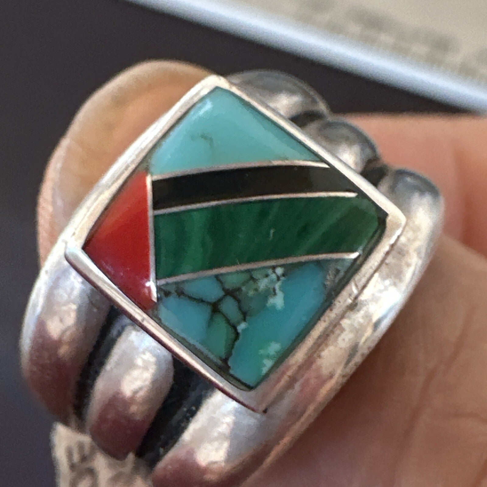 MultiColor Navajo Sterling Turquoise Spiny Oyster Inlay Ring Sz 6.5 18707