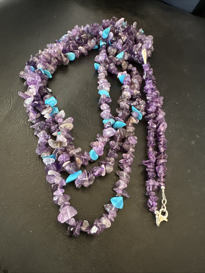 Sterling NAVAJO Purple Amethyst Blue Turquoise 3S Silver Necklace 30” 19569