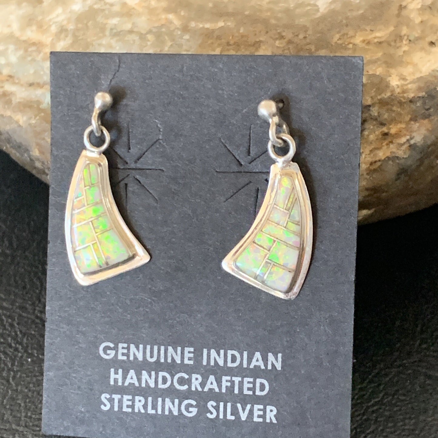 Womens White Opal Inlay Navajo Sterling Silver Dangle Post Earrings 12771