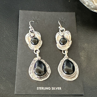 Black Onyx Navajo Sterling Silver Dangle Earrings 1.5" 18289