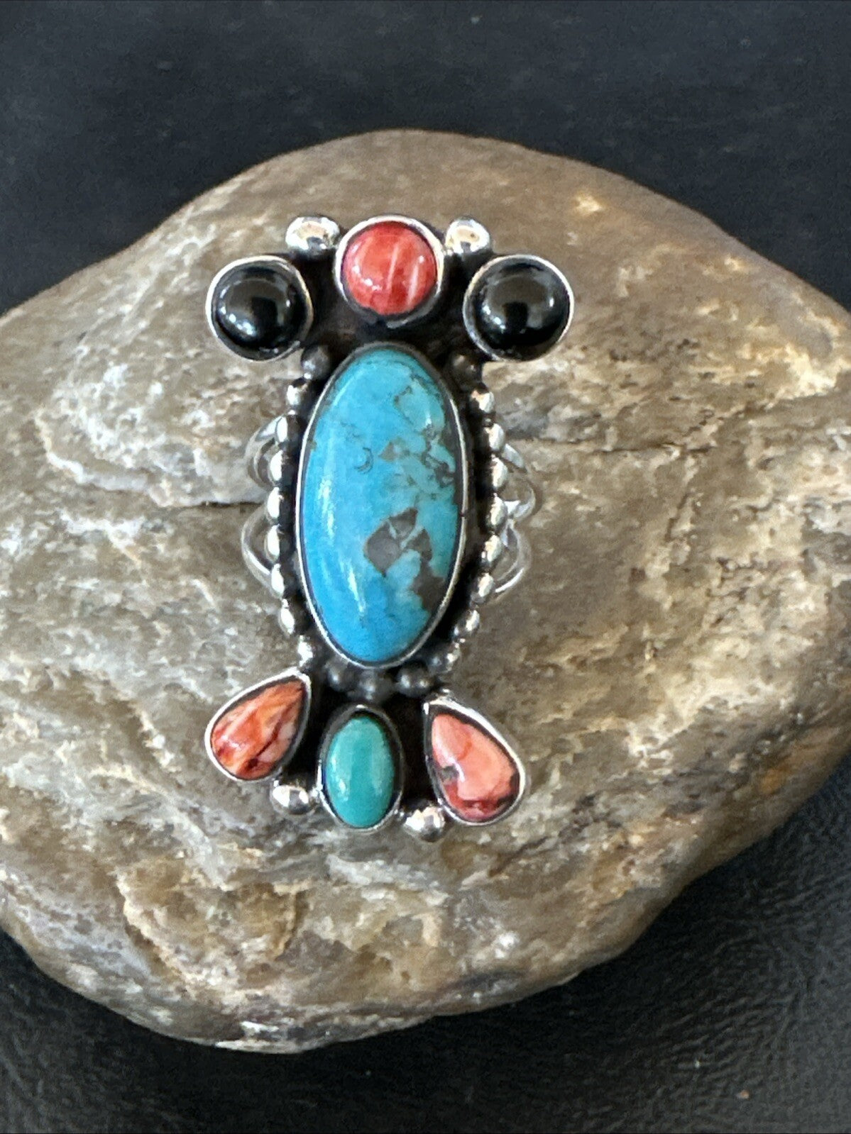 Cluster Blue Turquoise Spiny Oyster Onyx Sterling Silver Ring Size 9 18560
