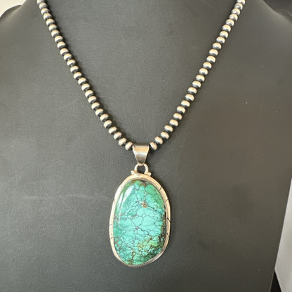 Blue  Green Spiderweb Turquoise Pendant  Sterling Silver Beads Necklace 19494