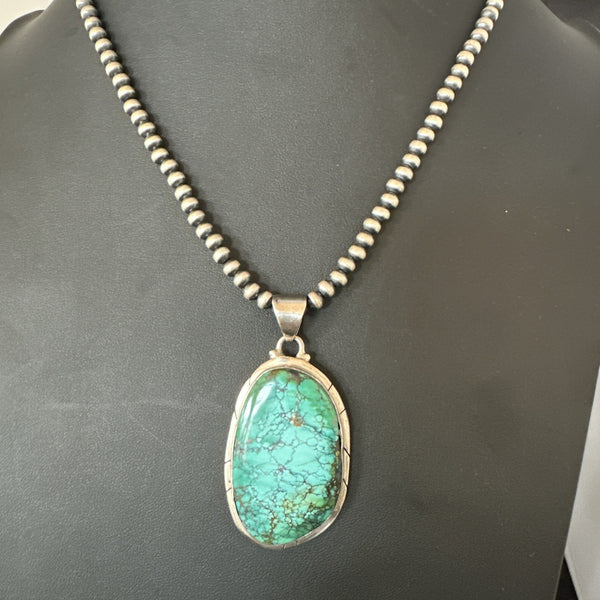 Blue Green Spiderweb Turquoise Pendant Beads Necklace | Sterling Silver | Authentic Native American Handmade | 19494