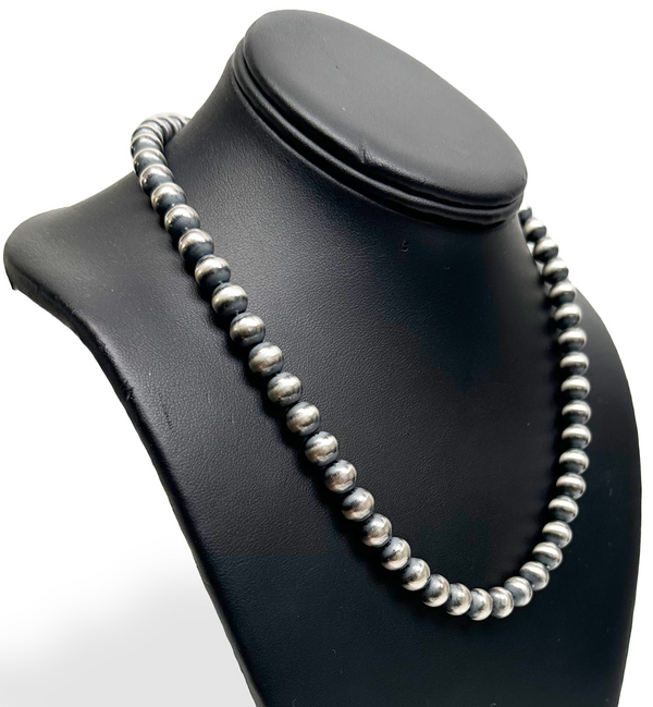 8mm Navajo Pearls 15"Single Strand Necklace | Sterling Silver | Authentic Native American Handmade