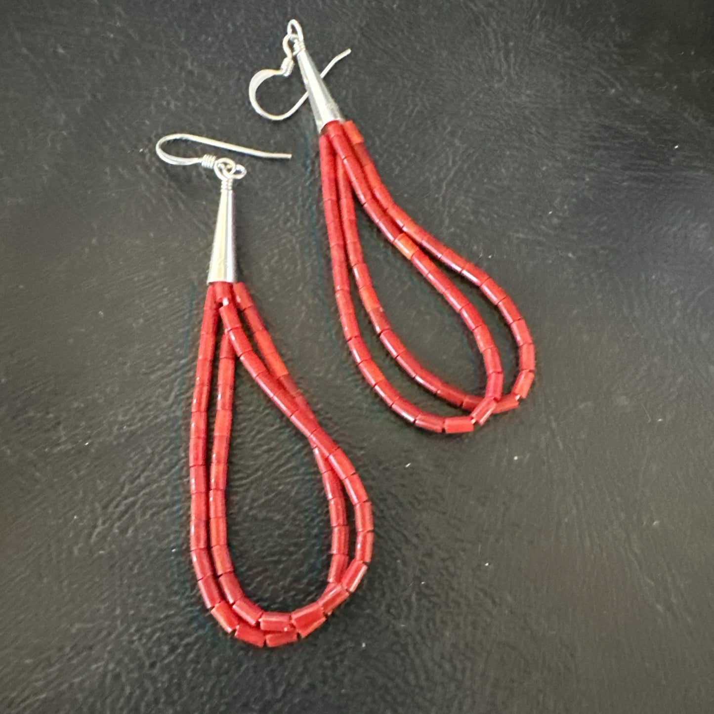 Apple Coral Tube Heishi Dangle Liquid Sterling Silver Earrings 2" 19042