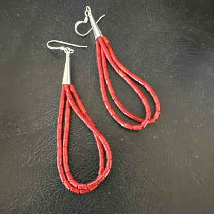 Apple Coral Tube Heishi Dangle Liquid Sterling Silver Earrings 2" 19042