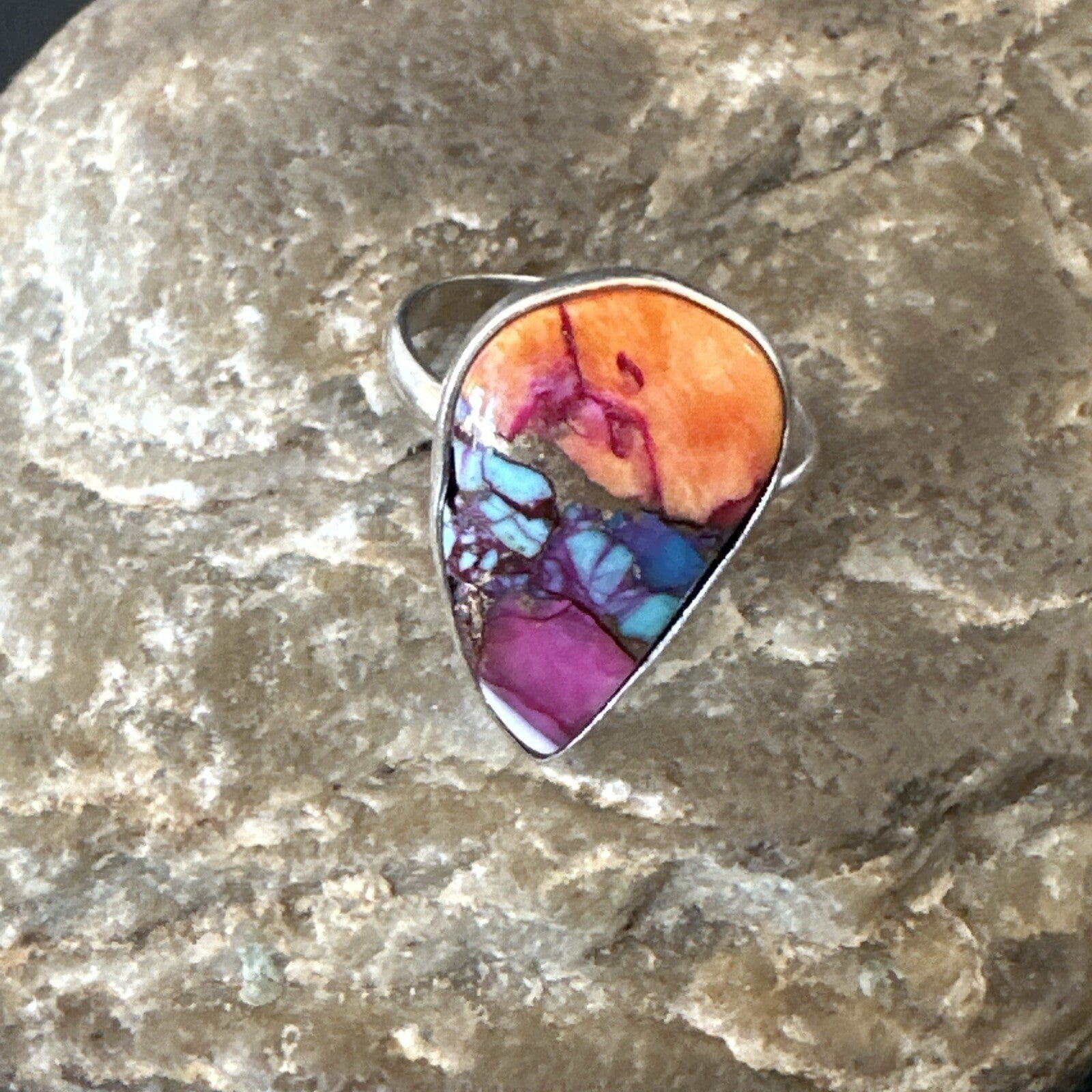 Blue Turquoise Spiny Oyster Southwestern Sterling Silver Ring Size 9 18464