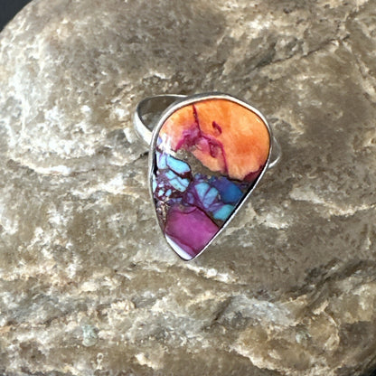 Blue Turquoise Spiny Oyster Southwestern Sterling Silver Ring Size 9 18464