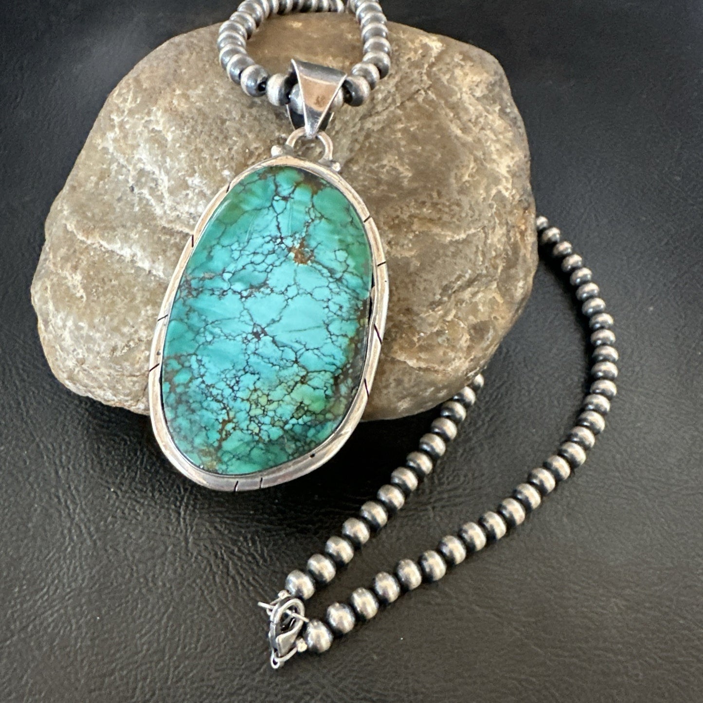 Blue  Green Spiderweb Turquoise Pendant  Sterling Silver Beads Necklace 19494