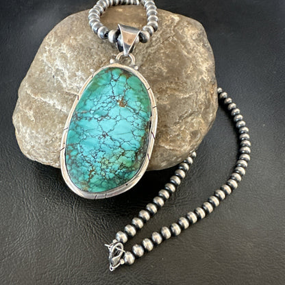 Blue  Green Spiderweb Turquoise Pendant  Sterling Silver Beads Necklace 19494