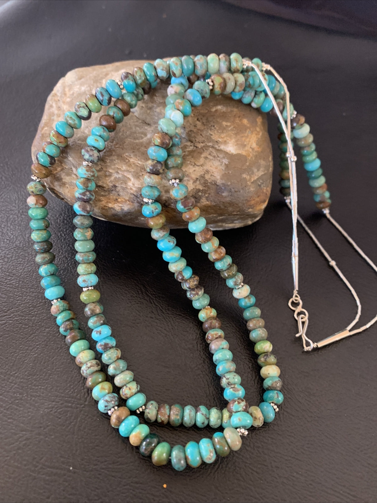 Native Navajo 2 Strands Blue Green Turquoise Sterling Silver Necklace 22" 09473