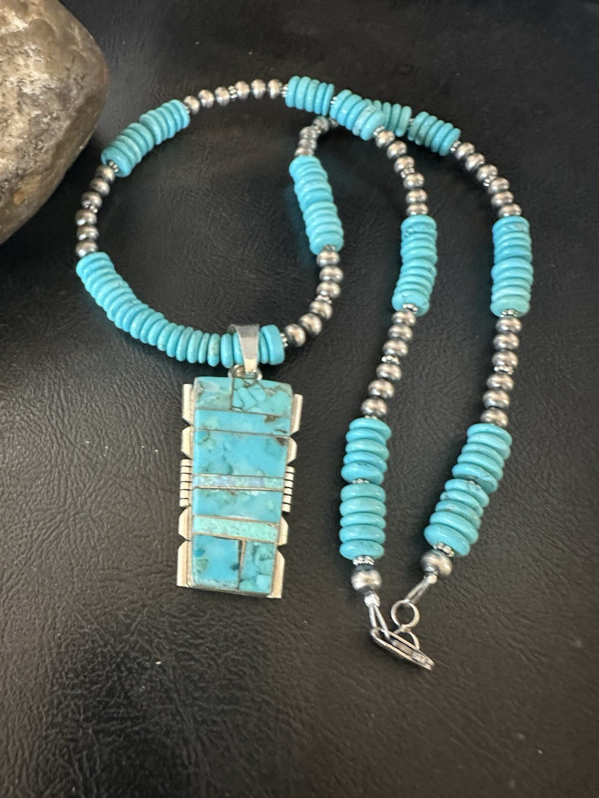 Blue Turquoise Opal Inlay Pendant Navajo Sterling Silver Necklace 19512