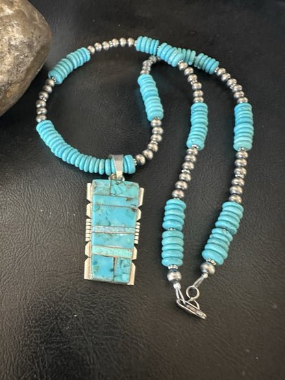 Blue Turquoise Opal Inlay Pendant Navajo Sterling Silver Necklace 19512