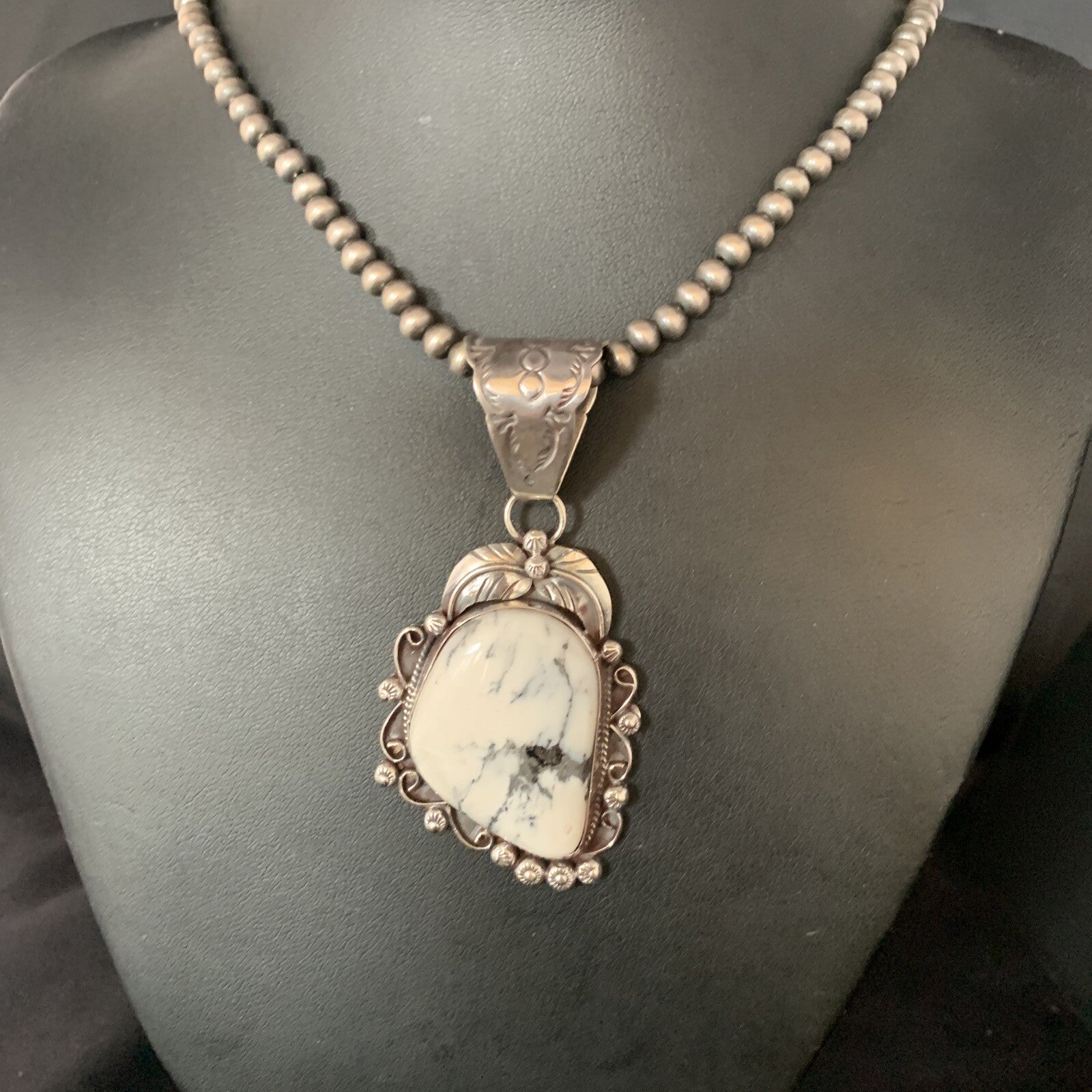 White Buffalo Turquoise Pendant Necklace Sterling Silver Navajo 13993