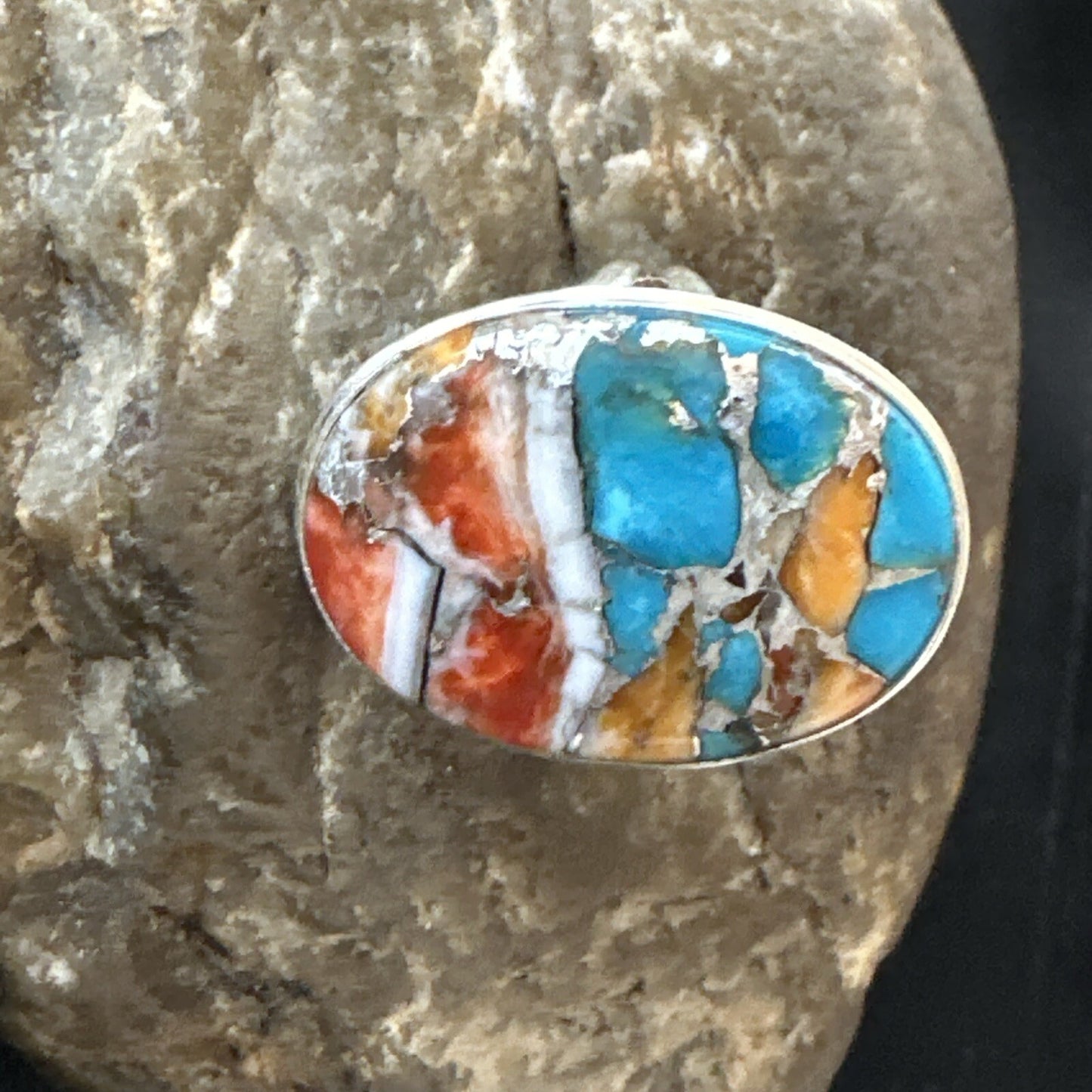 Blue Turquoise Spiny Oyster Southwestern Sterling Silver Ring Size 9 18461