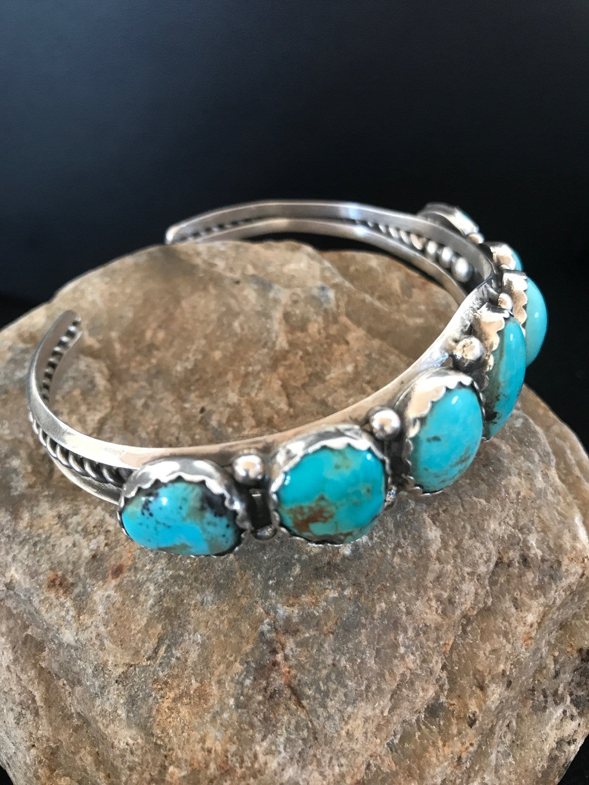 Native Turquoise Navajo Sterling Silver 7 Stone Bracelet Platero 08309