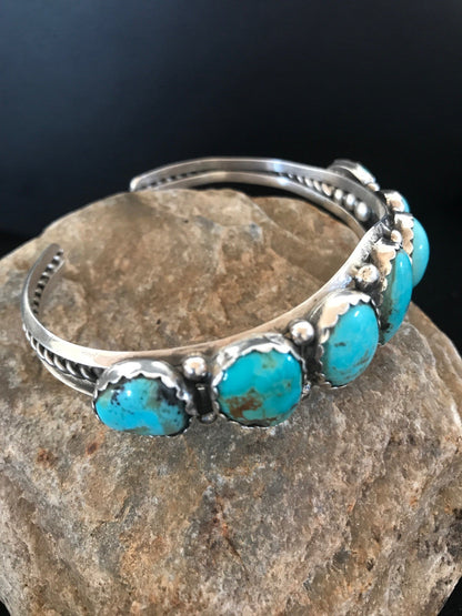 Native Turquoise Navajo Sterling Silver 7 Stone Bracelet Platero 08309