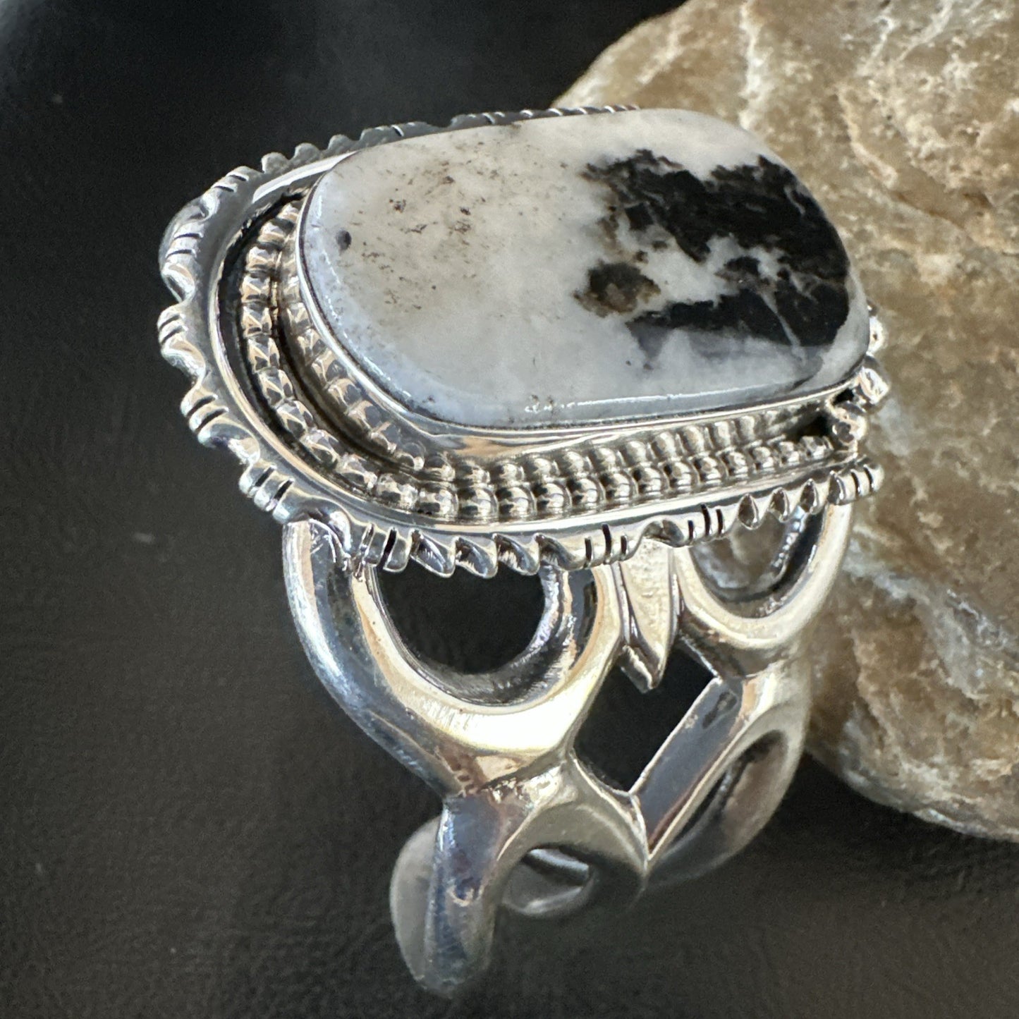 Tufa Cast Men White Buffalo Turquoise Navajo Sterling Silver Cuff Bracelet 19354