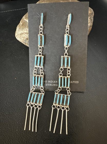 Kingman Turquoise Needle Point Zuni Sterling Silver 5 Tier Dangle Earrings 18636