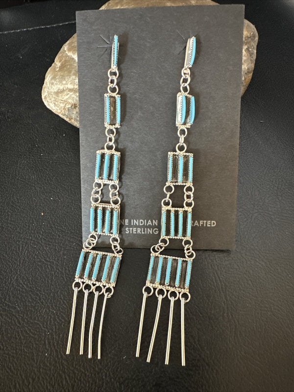 Kingman Turquoise Needle Point Zuni Sterling Silver 5 Tier Dangle Earrings 18636