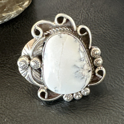Mens Womens White Buffalo Turquoise Navajo Sterling Silver Ring Size 10 18103