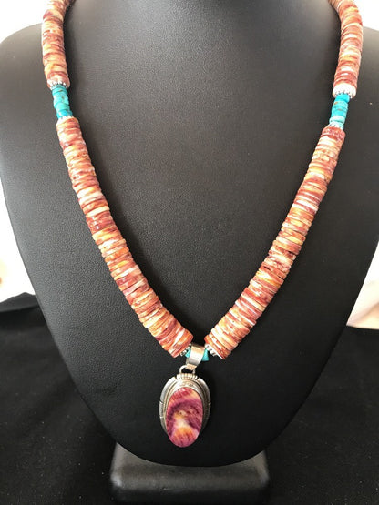 Native Navajo Sterling Silver Turquoise Spiny Oyster Bead Necklace Pendant 10040