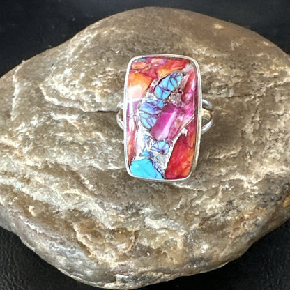 Blue Turquoise Spiny Oyster Southwestern Sterling Silver Ring Size 9 19060