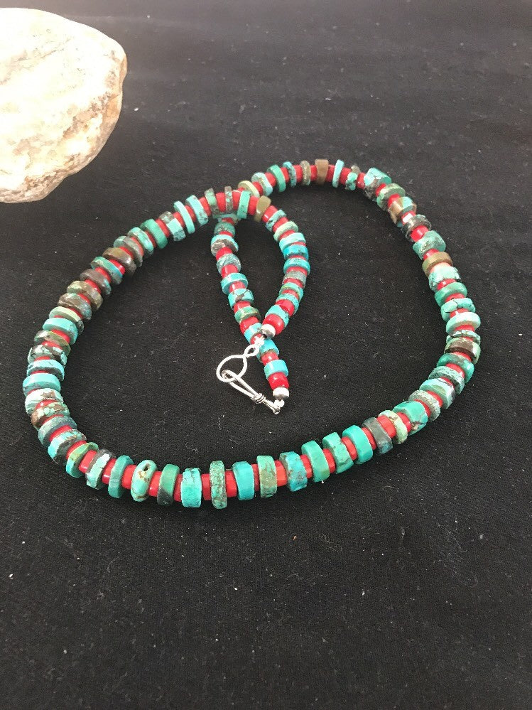 Navajo Mens  8mm Sterling Silver Heishi Blue Green Turquoise Coral Necklace A3