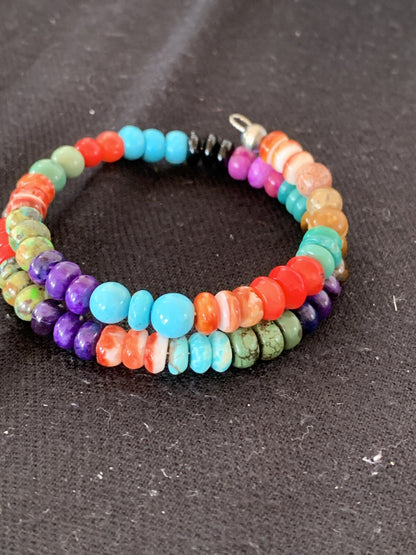 Turquoise, Coral, Tigers Eye, Onyx Navajo Stainless Memory Wire Bracelet 515