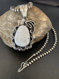 White Buffalo Turquoise Pendant Navajo Pearls Necklace | Sterling Silver | Authentic Native American Handmade | 10945