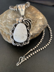White Buffalo Turquoise Pendant Navajo Pearls Necklace | Sterling Silver | Authentic Native American Handmade | 10945