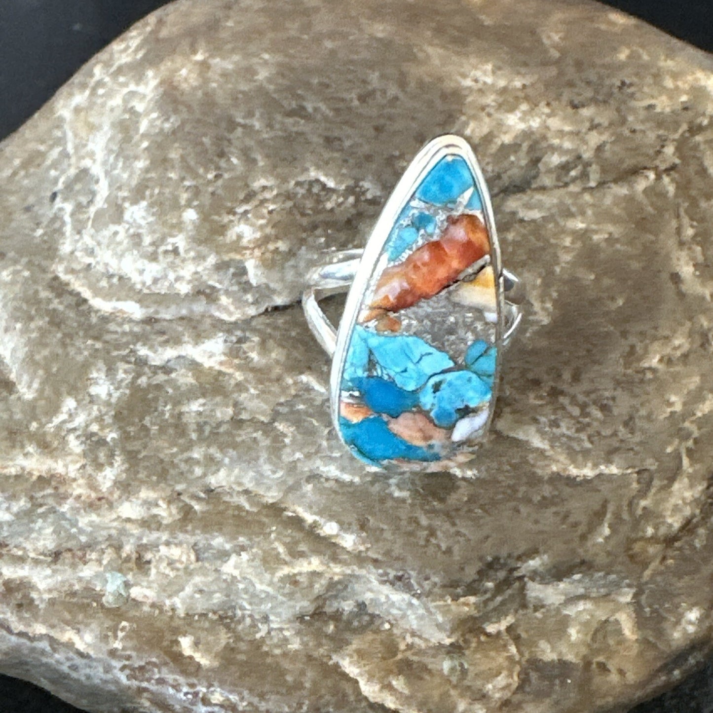 Blue Turquoise Spiny Oyster Southwestern Sterling Silver Ring Size 5 18501