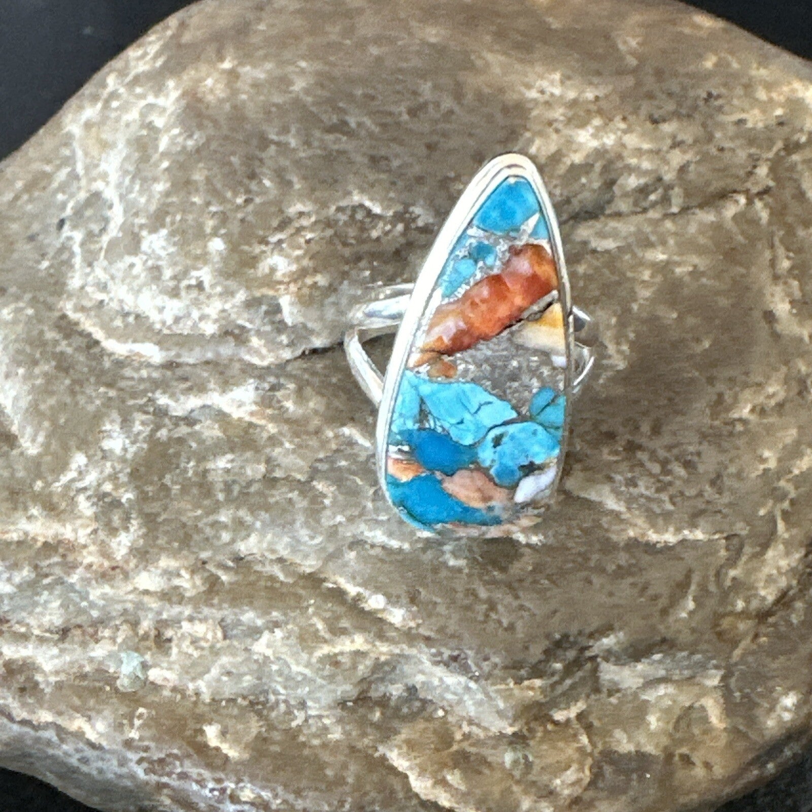 Blue Turquoise Spiny Oyster Southwestern Sterling Silver Ring Size 5 18501
