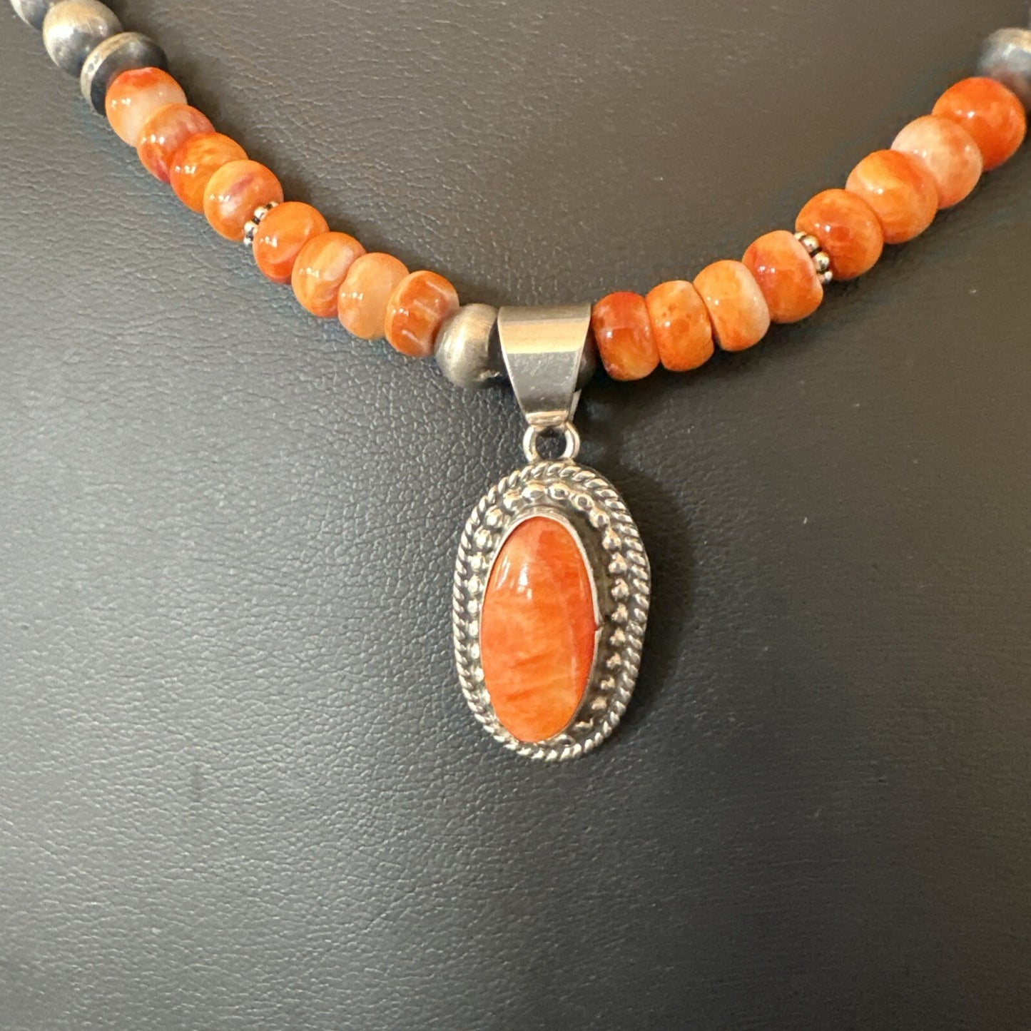 Orange Spiny Oyster Navajo Pearls Sterling Silver  Necklace Pendant 18679