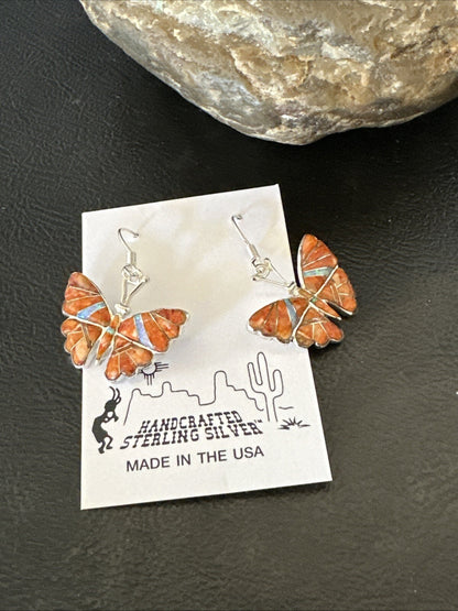 Butterfly Orange Spiny Oyster Opal Inlay Sterling Silver Dangle Earrings 18555