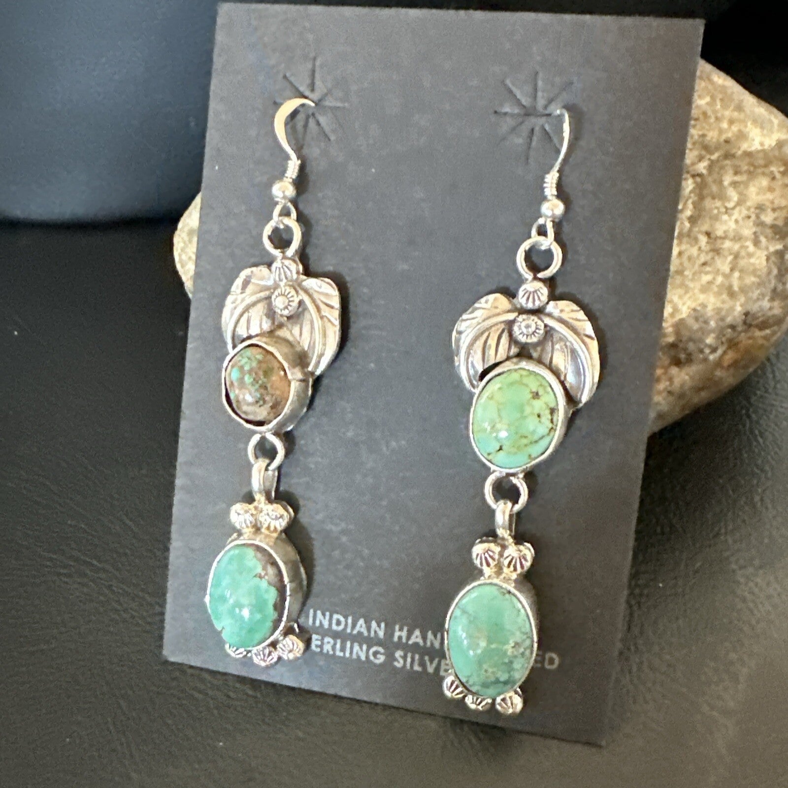 Navajo Green Turquoise Sterling Silver Dangle Earrings 2” 18043