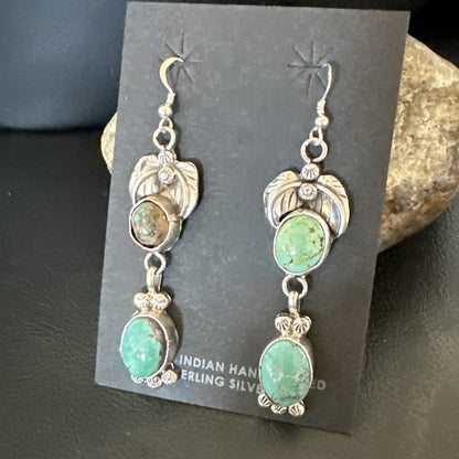 Navajo Green Turquoise Sterling Silver Dangle Earrings 2” 18043