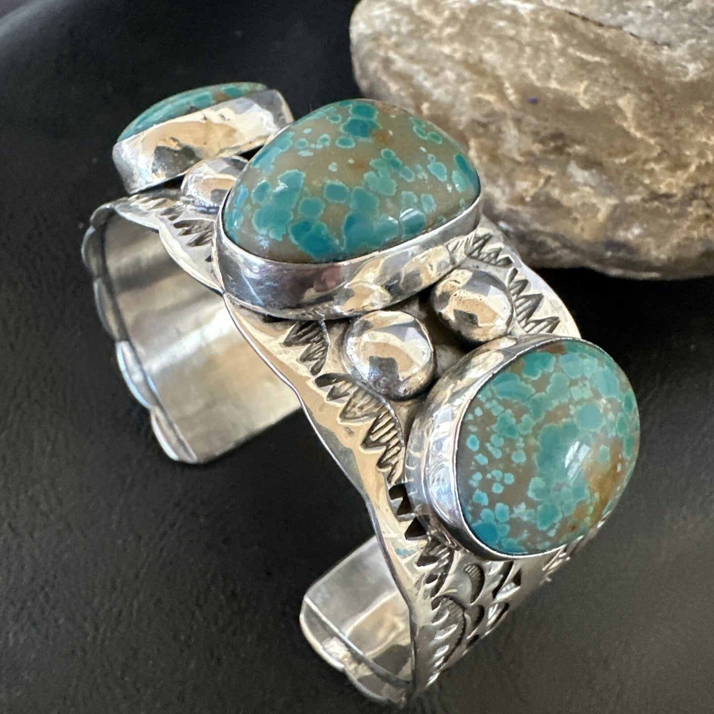 Navajo Green Royston TURQUOISE Stamped Sterling Silver Cuff Bracelet 17943