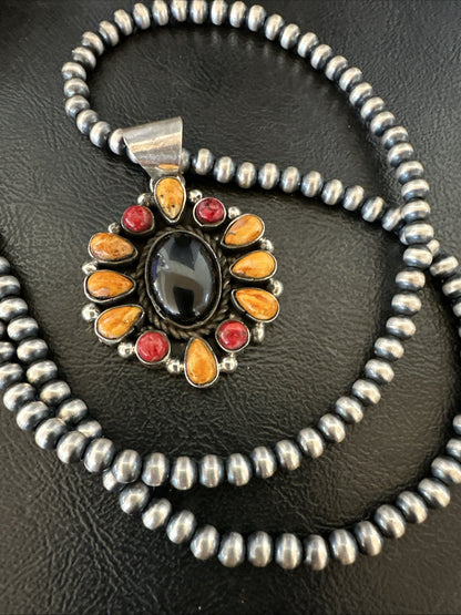 Onyx Coral Orange Spiny Navajo Sterling Silver Cluster Pendant Necklace 19566