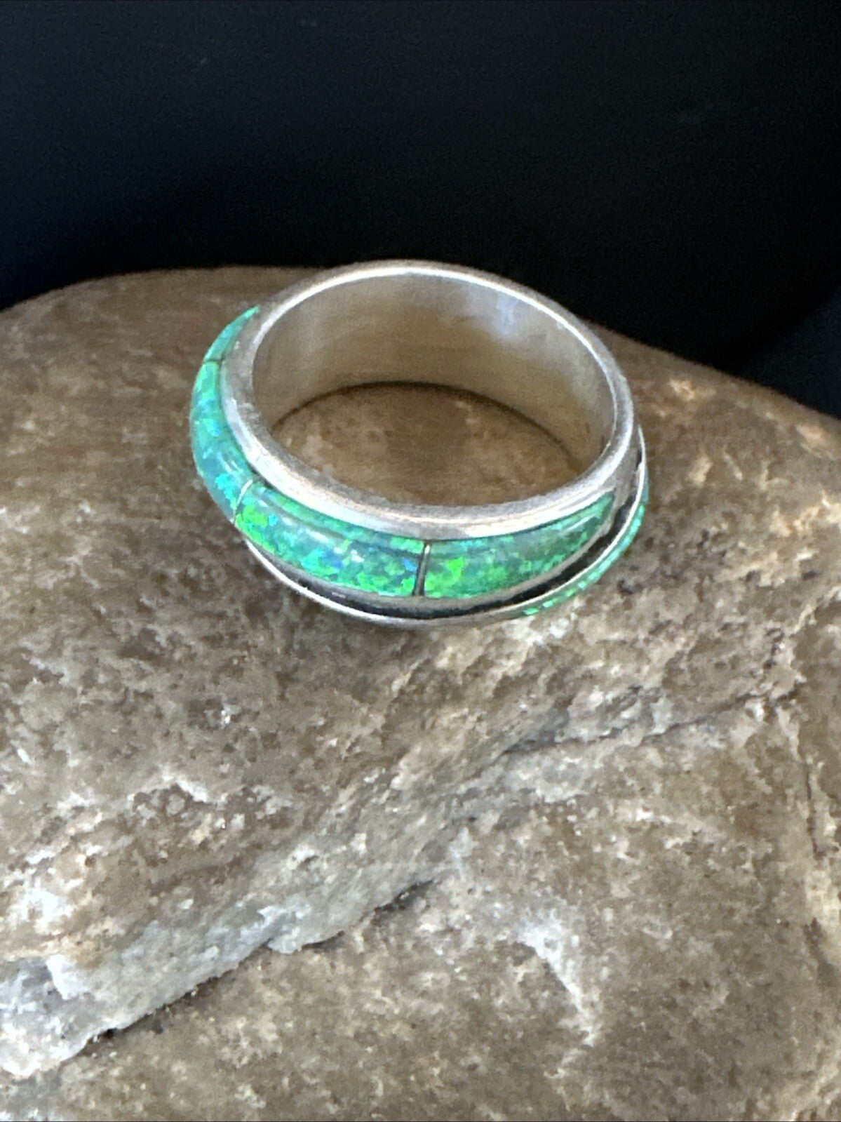 Green Opal Navajo Sterling Silver Band Inlay Ring Size 7 18809