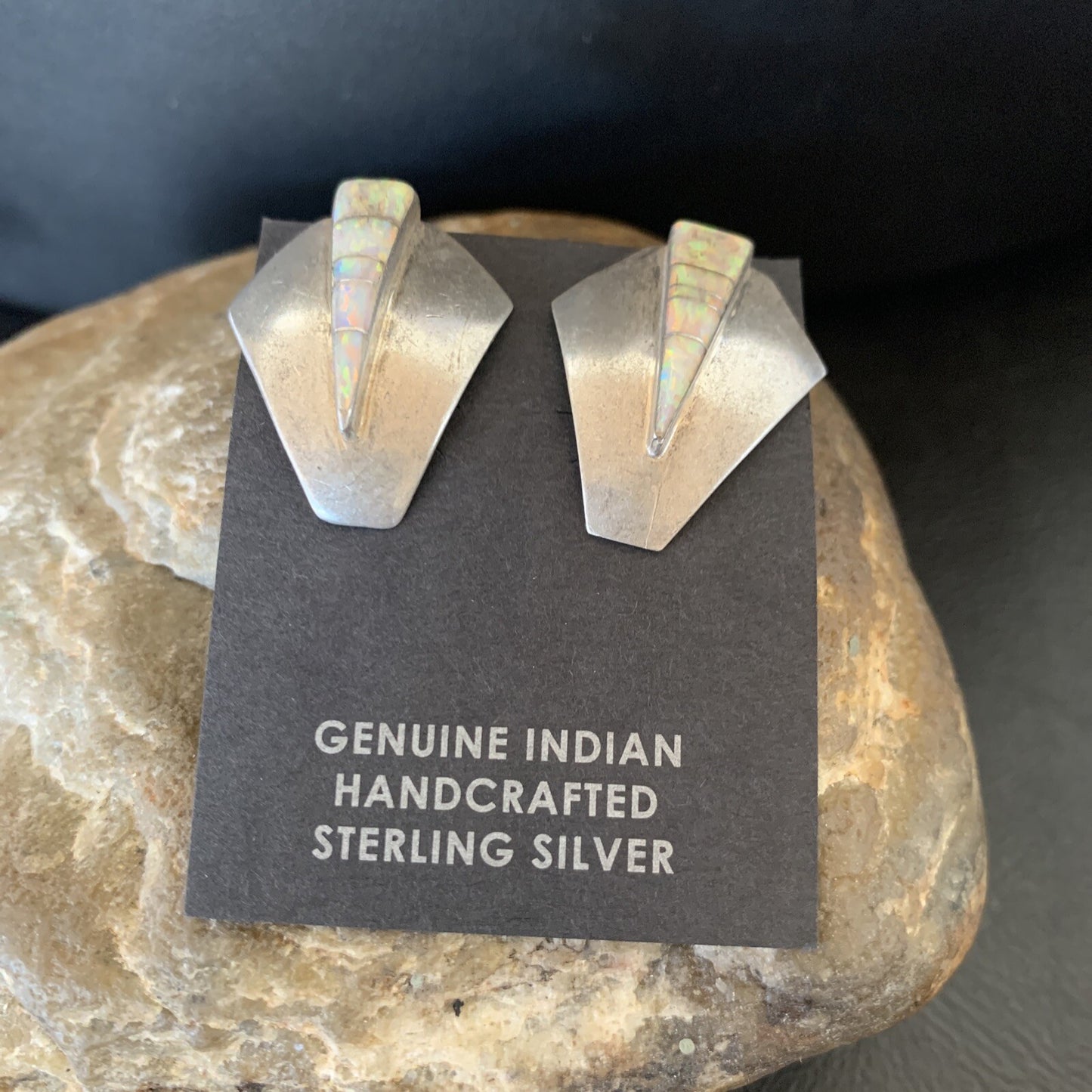 Womens White Opal Inlay Navajo Sterling Silver Dangle Post Earrings 0.5" 12766