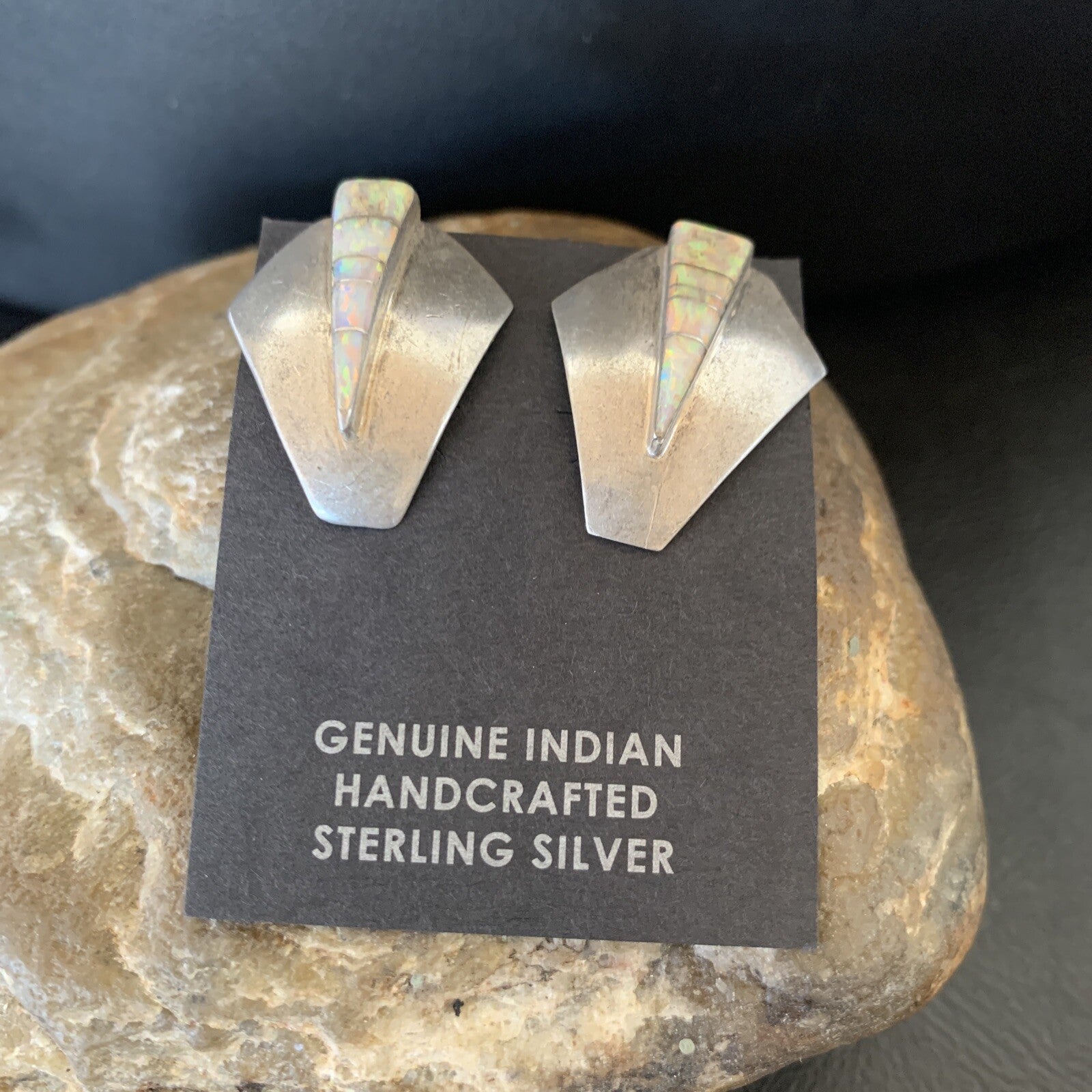 Womens White Opal Inlay Navajo Sterling Silver Dangle Post Earrings 0.5" 12766