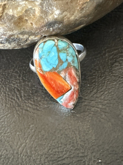 Blue Turquoise Spiny Oyster Southwestern Sterling Silver Ring Size 8 18435
